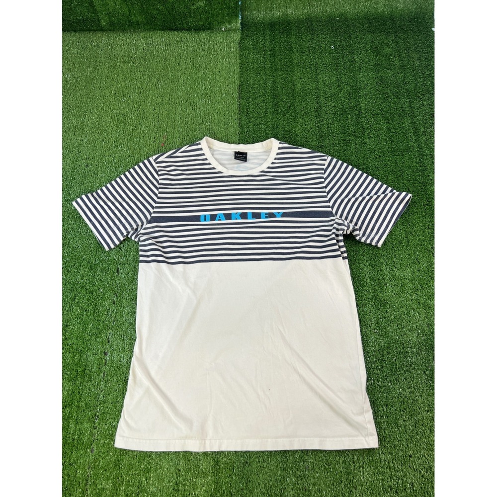 Oakley Mens Custom Fit‎ Striped Logo T-Shirt White Navy Blue Medium Tee